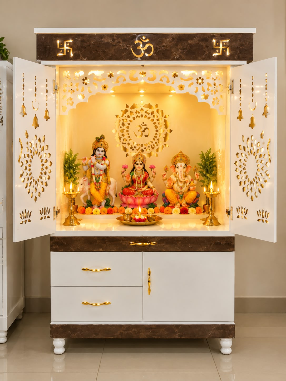 Designer Wooden Home Temple with Doors & Storage - view 1