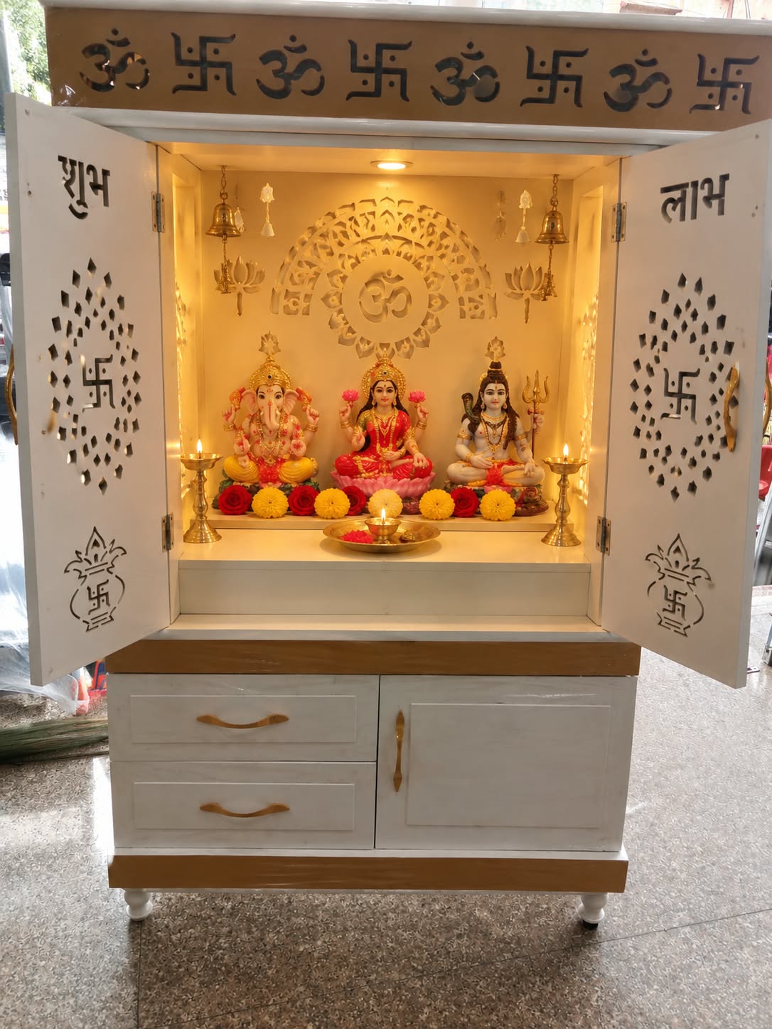 Premium Wooden Home Temple with Doors & Storage Cabinet - view 1