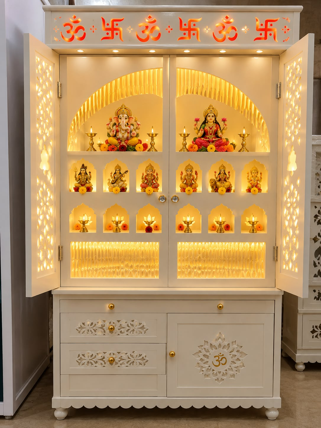 Handcrafted Wooden Temple with Fluted Glass Door - view 1