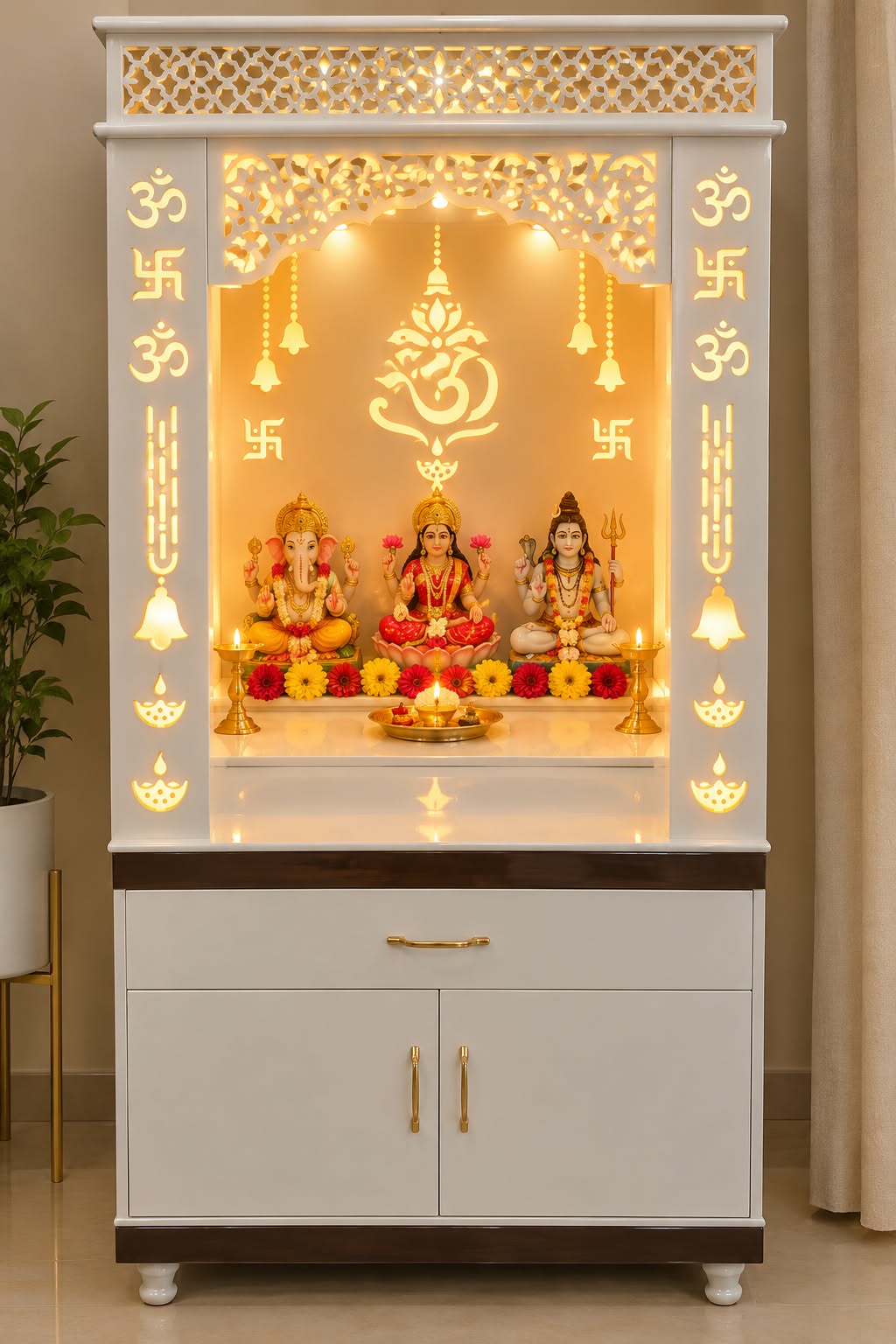 Open Wooden Home Temple with Ganesh Design - view 1